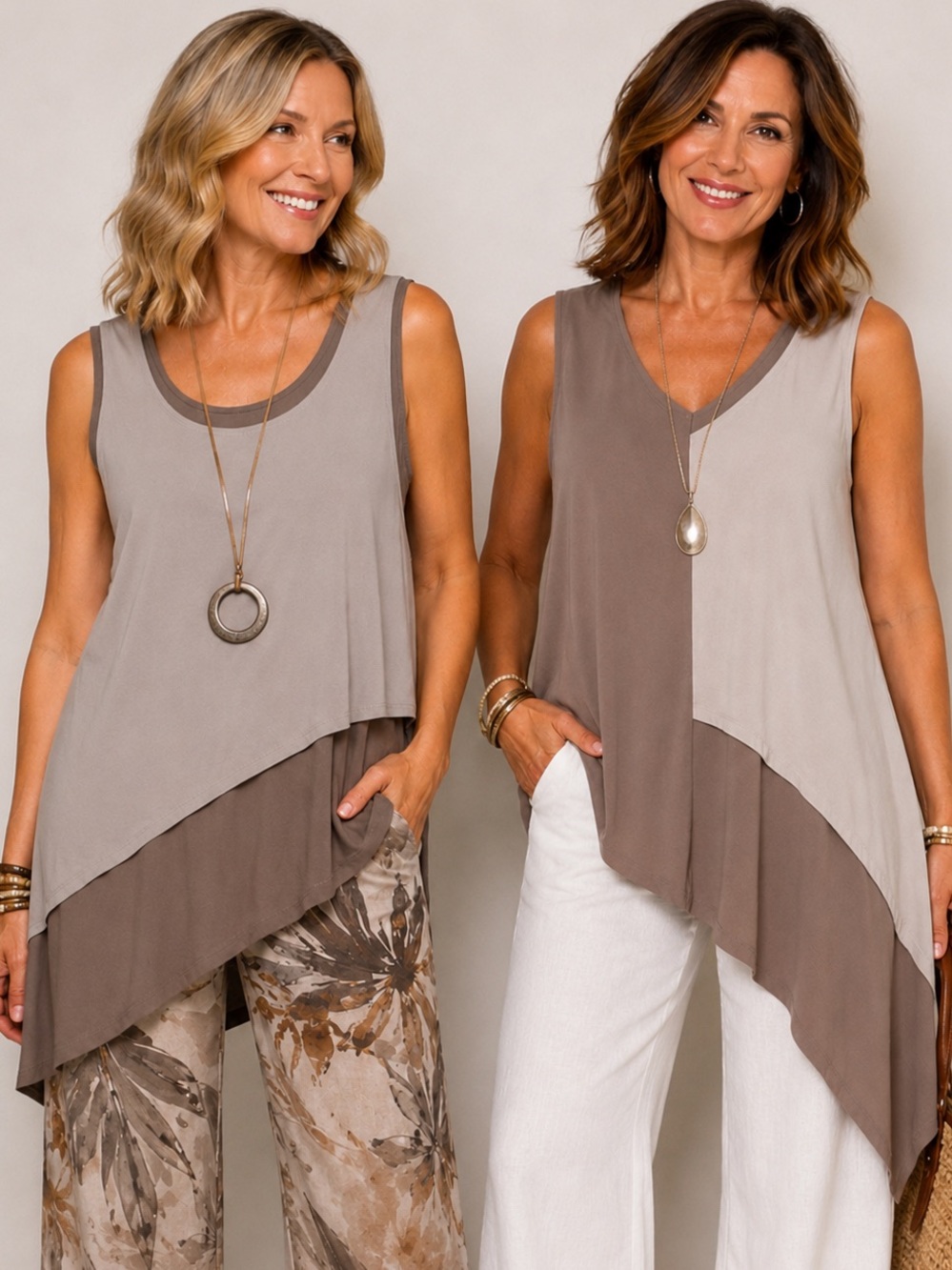 Red Coral - Reversible Two-Tone Taupe Asymmetrical Sleeveless Tank Top -SzM